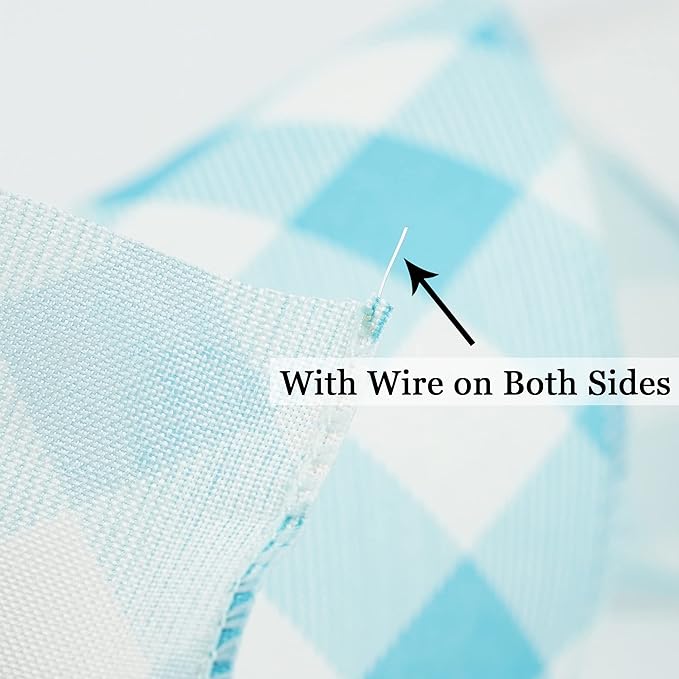 MEEDEE Blue and White Check Ribbon Christmas Wired Ribbon Blue White Burlap - Image 3