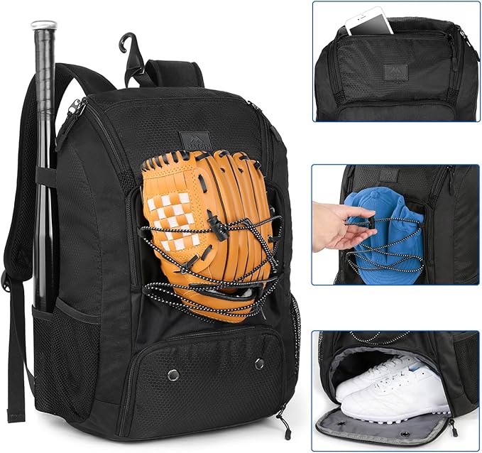MATEIN Baseball Backpack, Softball Bat Bag with Shoes Compartment for Youth, Boys and Adult, Lightweight Baseball Bag with Fence Hook Hold TBall Bat, Batting Mitten, Helmet, Caps, Teeball Gear