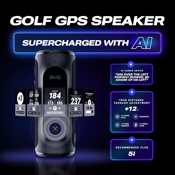 Blue Tees Golf Player+ AI-Powered GPS Speaker - Touchscreen Display, 10+ Hour Battery, 40,000+ Courses, Visual & Audible Distances, Hazard Detection, IPX7 Waterproof (Black)