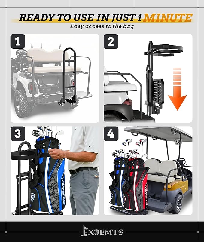 Foldable Golf Cart Rear Seat Bag Holder, Upgraded Golf Cart Rear Seat Bag Rack Only Fits 8-Inch Max Safety Grab Bar, for 4-Seater EZGO Club Car Yamaha, Preinstalled, Space-Saving, No-Drill