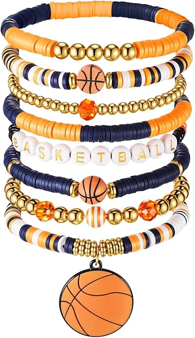 Huquary 8 Pack Sports Bracelets for Women Mom Soccer Baseball Football Volleyball Basketball Stackable Heishi Clay Beaded Bracelet Accessories Fan Outfits Jewelry Gifts for Sports Party Favor