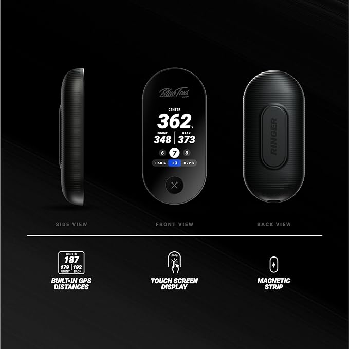 Blue Tees Golf Ringer - Magnetic Golf GPS Handheld, Touch Screen Display, Water Resistant Golf Distance Range Finder, 40,000+ Preloaded Courses, 10+ Hours Battery, Built-in Magnetic Strip