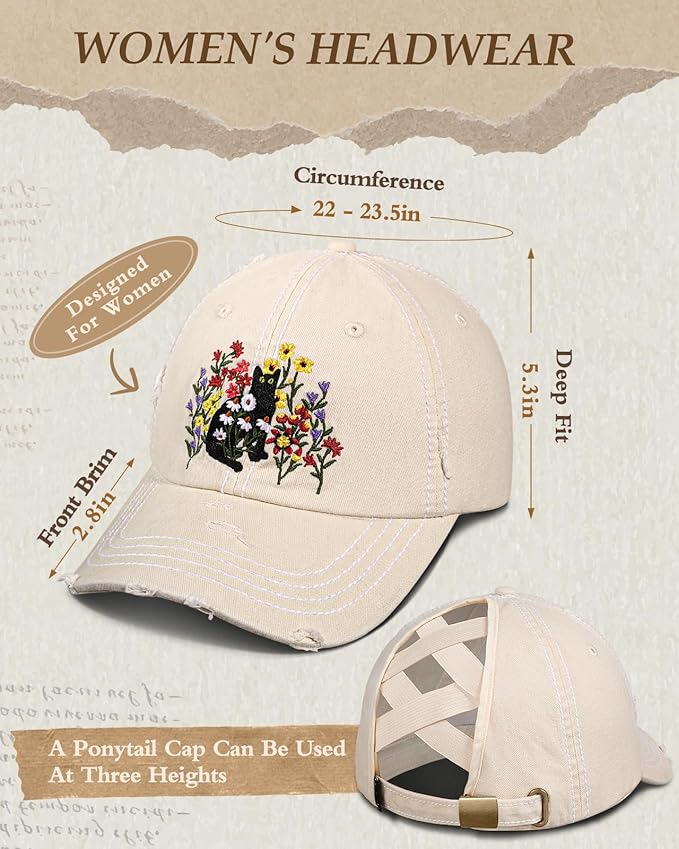Flafens Women Pony Hats High Ponytail Baseball Caps - Cotton Vintage Washed Distressed Adjustable Criss Cross Trucker Hat