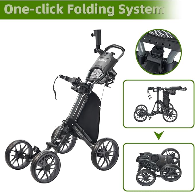 FLAGTAG Golf Push Cart 4-Wheels,Folding Golf Cart, Golf Pull cart with Cup Holder,Umbrella Holder,Cooler Bag, Foldable with one-Click,Handle Height Adjustable,Drink Holder,Walking Push cart