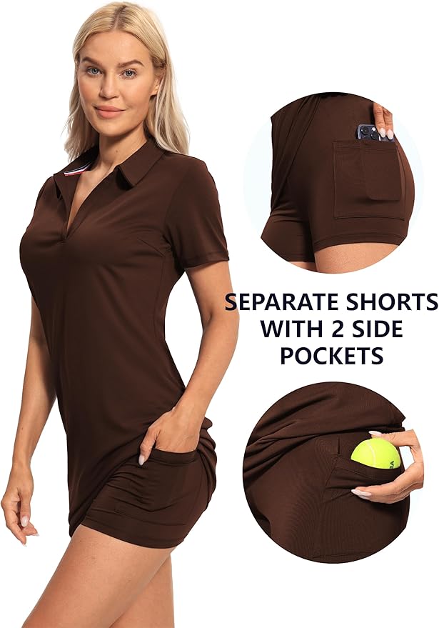 Hiverlay Golf Dresses for Women with Shorts and Pockets, V-Neck Short Sleeve Tennis Dress, Workout Athletic Dresses