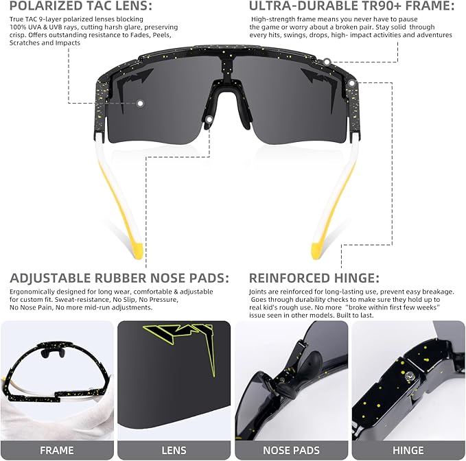 2-Sizes Kids Youth Baseball Sunglasses Men Women Vipers Sunglasses Softball Boys Girl True Polarization &UV Protection