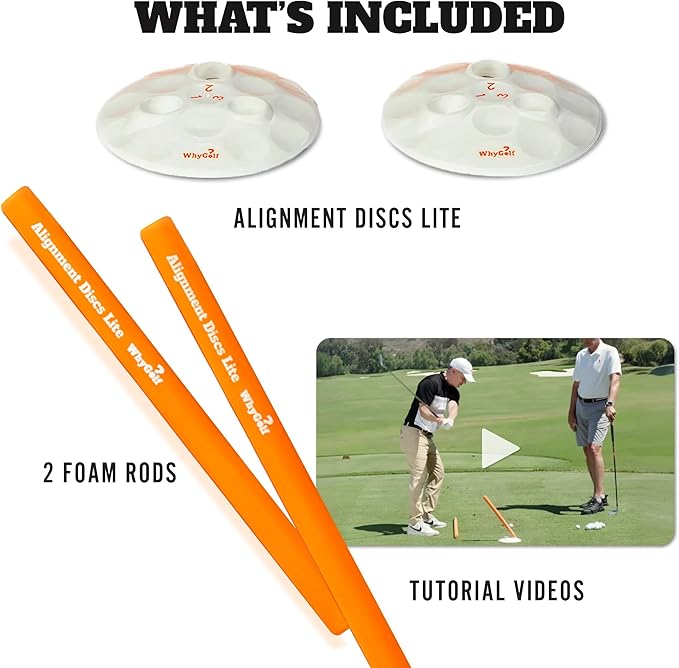 WHYGOLF Alignment Discs Lite, Compact Golf Swing Trainer and Alignment Sticks Set with 2 Discs and 2 Foam Rods, Portable Golf Training Aid and Practice Accessory