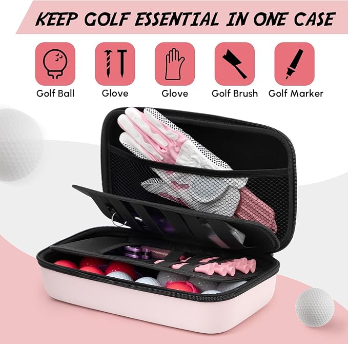 Golf Glove Holder Case with Glove Shaper, Pink Protective Hard Shell Accessory Case, Golf Gift for Woman, for Tees, Ball Markers, Phone, Divot Tool and Accessories