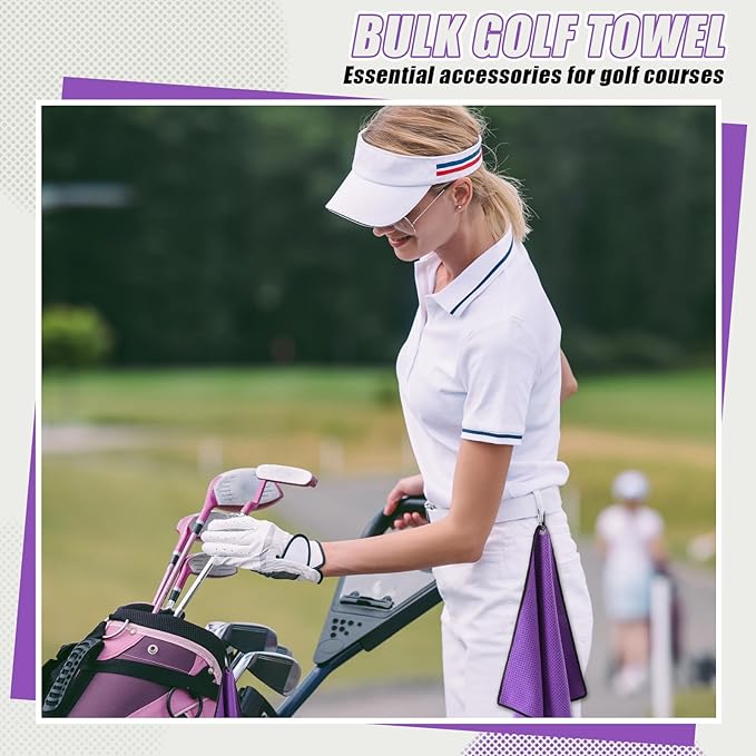 Batiyeer 30 Pcs Golf Towels Bulk for Bags 16'' x 16'' Microfiber Fabric Golf Towel with Clip Waffle Pattern for Men Mini Tournament Fitness Yoga Camping (Purple)