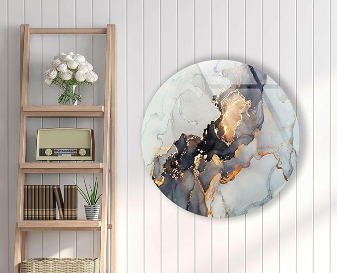 My Photostation.com 31.5'' Diameter Gold Details Gray Marble Round Glass Wall - Image 5