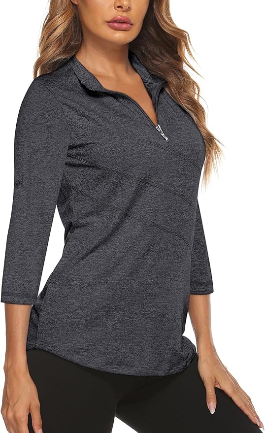 Koscacy Women's 3/4 Roll Sleeve Golf Tennis Polo Shirts UPF50+ Half Zip Dry Fit Workout Tops Athletic Shirt
