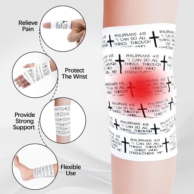 5Pcs Christian Athletic Tape 2in x 23ft Cotton Zinc Oxide Sport Faith Cross Sports Wristbands Religious Bible Verse Wrist Tape for Football Baseball Athlete Gymnastic Boxing First Aid Injury Wrap