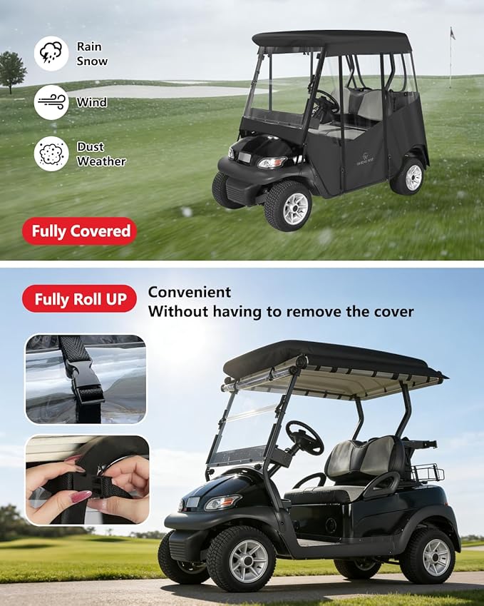 Golf Cart Enclosure 2 Passenger,Golf Cart Cover for EXCAR 2 Seater,Waterproof 600D Oxford Rain Cover Driving Enclosure,Roll Up 4-Sided Clear Windows&Door