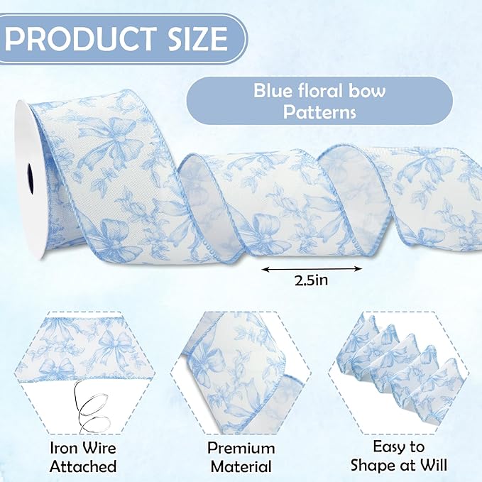 Blue Floral Bow Wired Edge Ribbon Chinoiserie Flower Bowknot Fabric Ribbon - Image 2