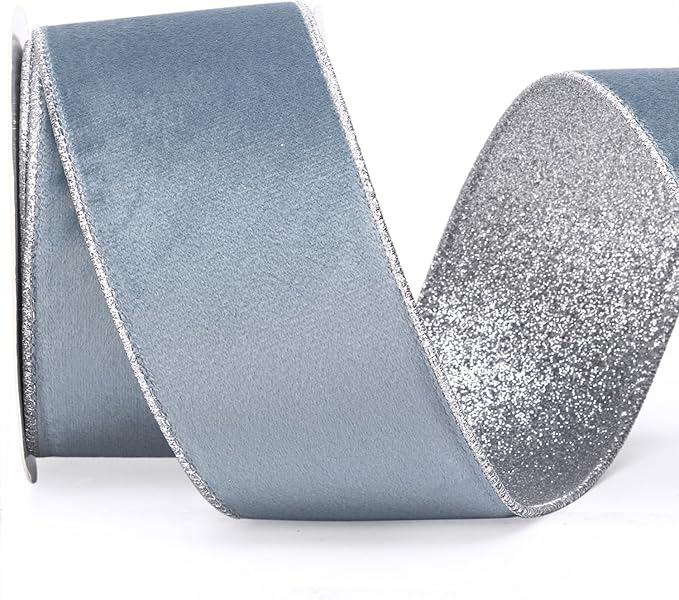 Ribbli Dusty Blue Velvet Wired Ribbon 2.5 Inch Dusty Blue Velvet by Ribbli
