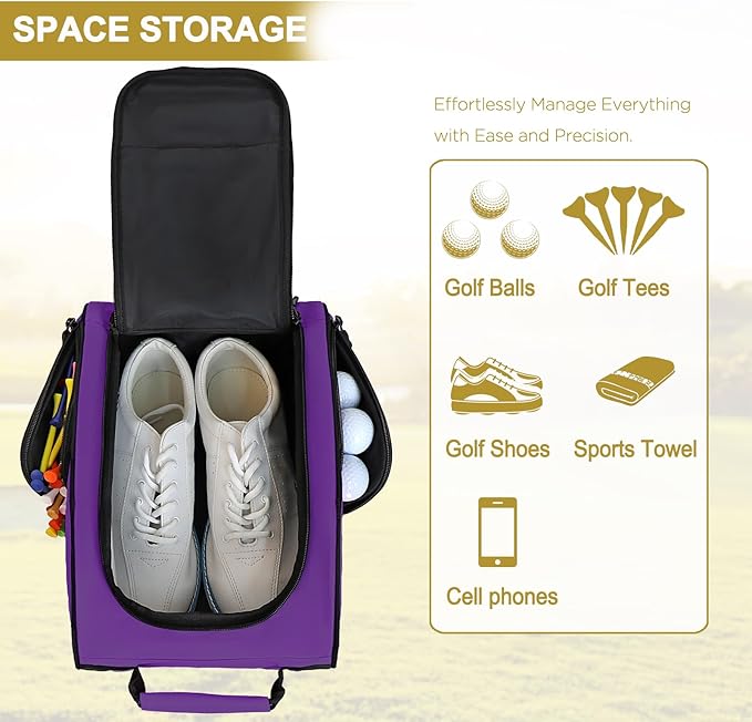 Goloni Golf Shoe Bag for Men Women, Ventilated Golf Shoe Bag with Side Pockets, Lightweight Portable Golf Shoe Carrier for Golf Shoes, Tees, Balls & Accessories,Purple
