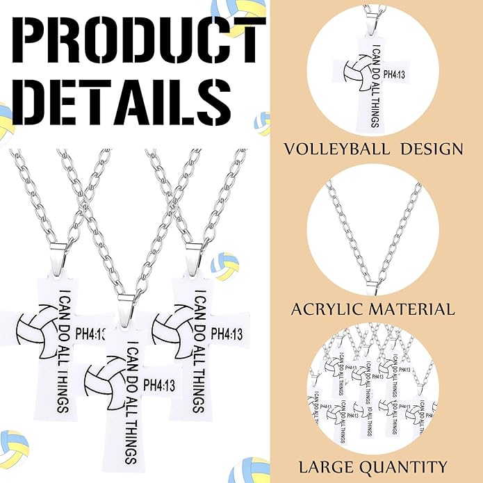 Tondiamo 24 Set Basketball Volleyball Cross Necklace with Card Sport Party Favors Charms Team Gift Bulk Religious Cross Necklace Christian Coach Gifts Jewelry for Sport Player Fans Men