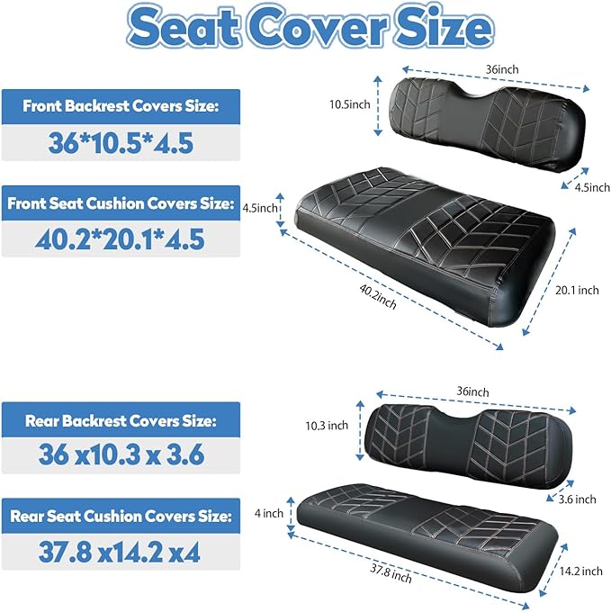 4PCS Golf Cart Seat Covers Kit, Front and Rear Seat Covers,Vinyl Seat Covers Accessories, No Staples（Black&Brown Stitch） (Fits EZGO TXT 1994-2013/EZGO RXV)