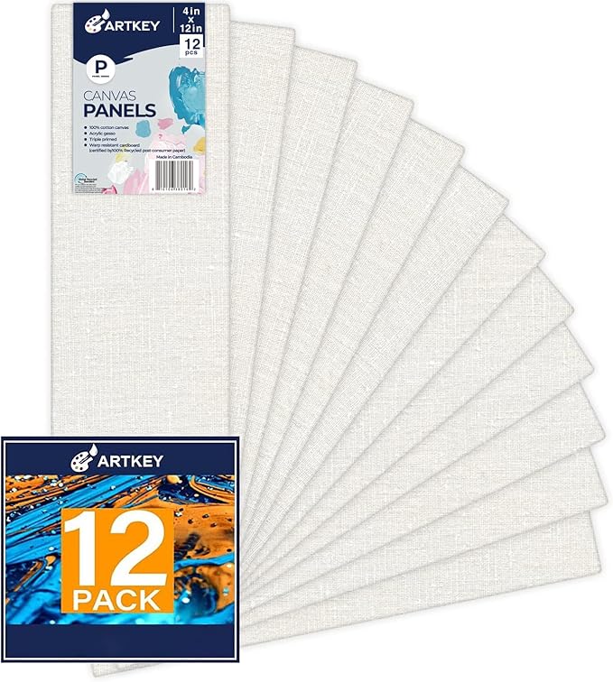 Artkey Canvas Panels 4x12 Inch 12-Pack, 10 oz Primed 100% Cotton White Blank by Artkey