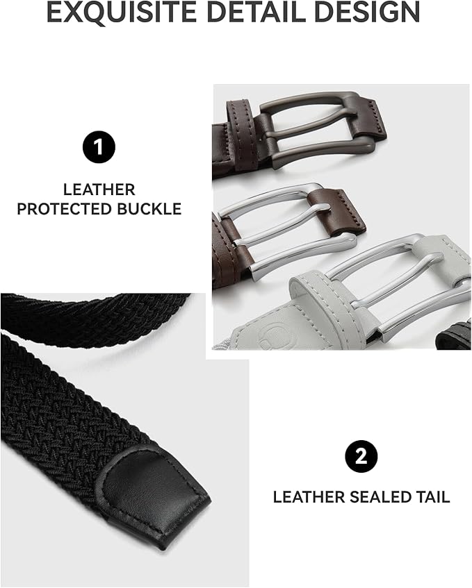CHAOREN Stretch Belt Men 2 Pack - 1 3/8" Braided Golf Belts For Men - Casual Elastic For Pants and Jeans