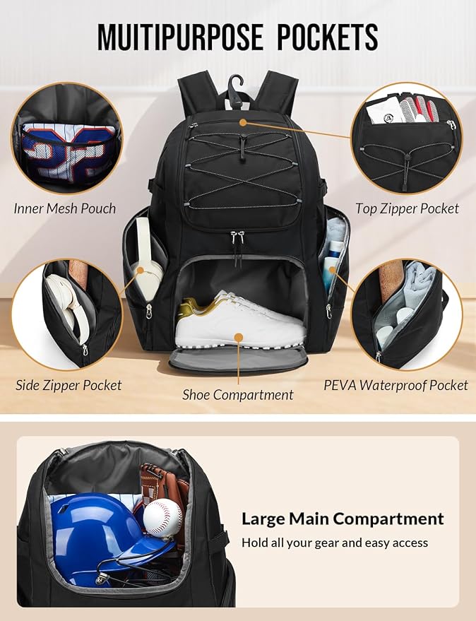 Baseball Backpack for Adult Large Capacity Softball Bat Bag with Shoe Compartment & Wet Pocket Baseball Bag with Fence Hook for 4 Bats & Equipment