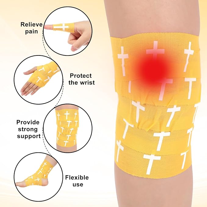 MiniInflat 2 Pcs Christian Cross Athletic Tape Sports Tape 2in x 23ft Religion Jesus Wrist Wrap for Soccer Football Baseball, Gift for Graduation Teacher Nurses Week Pentecost(Yellow,Crosses)