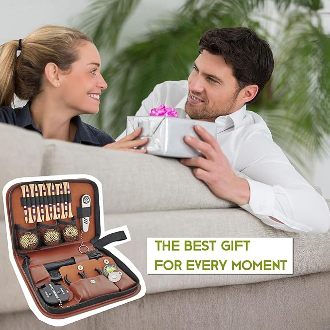 Golf Gifts for Men and Women, Golf Accessories Set in High-End Case with Gold-Colored Golf Balls, Golf Tees, Brush, Divot Tool, Golf Green Reader, Magnetic Hat Clip, Scorer, Golf Ball Clamp