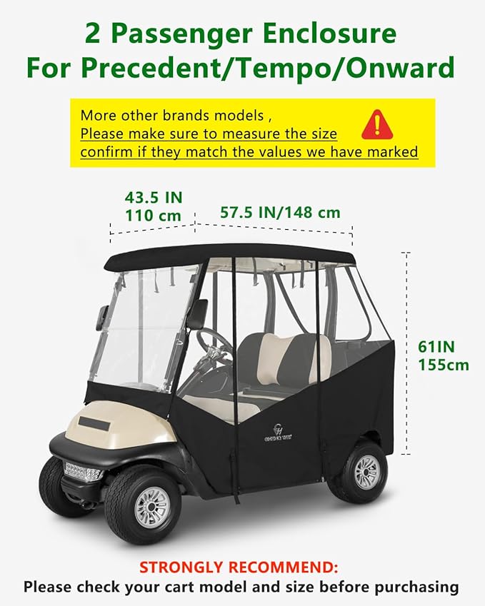 2 Passenger Golf Cart Enclosure for Club Car Precedent Tempo Onward, 600D Waterproof Driving Rain Cover with Full Roll-Up Clear Windows & Doors, Heavy Duty Zippers & Side Mirror Openings
