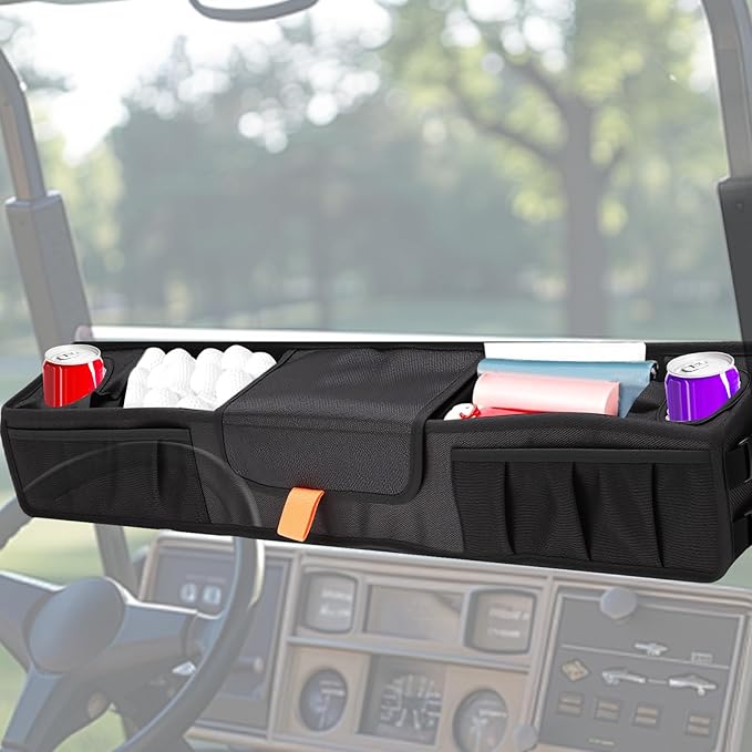 Golf Cart Front Storage Basket, No-Drilling Golf Cart Storage Tray with Insulated Cup Holders, Club Cart Organizer with EZGO, Club Car, Kandi Golf Carts