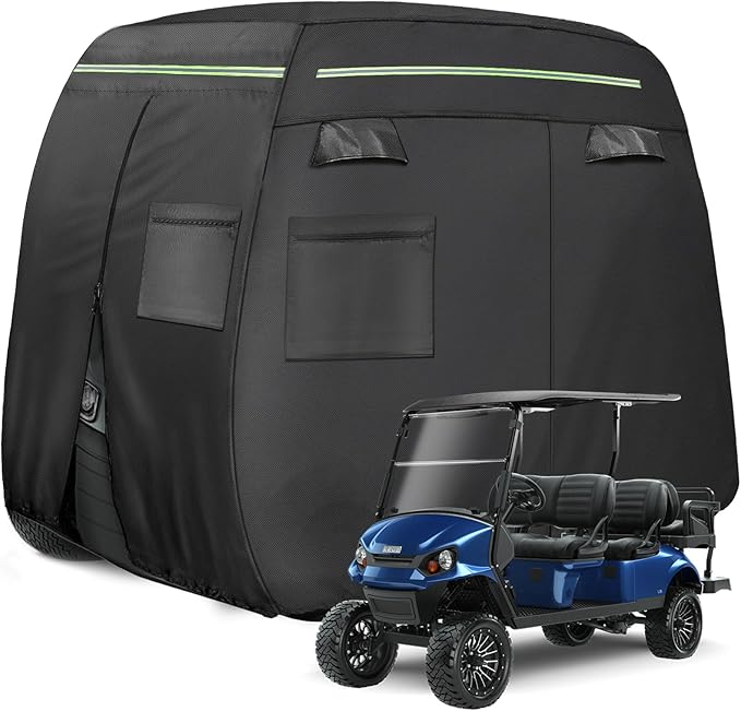 Golf Cart Cover 2/4/4+2 Passenger Heavy Duty Universal Fit for Yamaha EZGO Club Car, 600D Waterproof Windproof Sunproof Golf Cart Seat Covers with Reflective Strips, Zippered Pockets, Zipper Doors