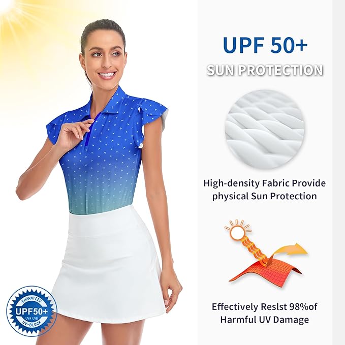 Soneven Womens Petal Sleeve Golf Shirts Moisture Wicking Lady Golf Apparel Print Tennis Sport T Shirt