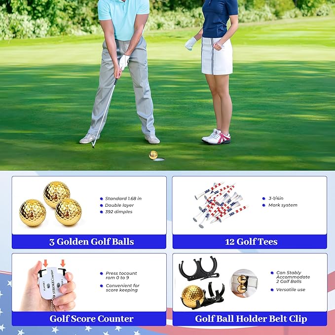 Golf Gifts for Men and Women, Golf Accessories Set with Gold Golf Balls, Telescope, Golf Tees, Brush, Divot Tool, Golf Green Reader, Scorer, Golf Ball Clamp Golf Tool Set Storage Case (Brown)