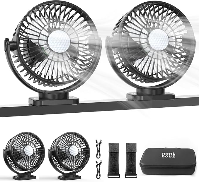 Minthouz Magnetic Golf Cart Fan, Rechargeable 12000mAh Fan, 3-Speed 360° Rotation, Timer Function, LED Lighting, Magnetic Base & Strap, Compatible with EZGO, Club Car, Yamaha Golf Carts