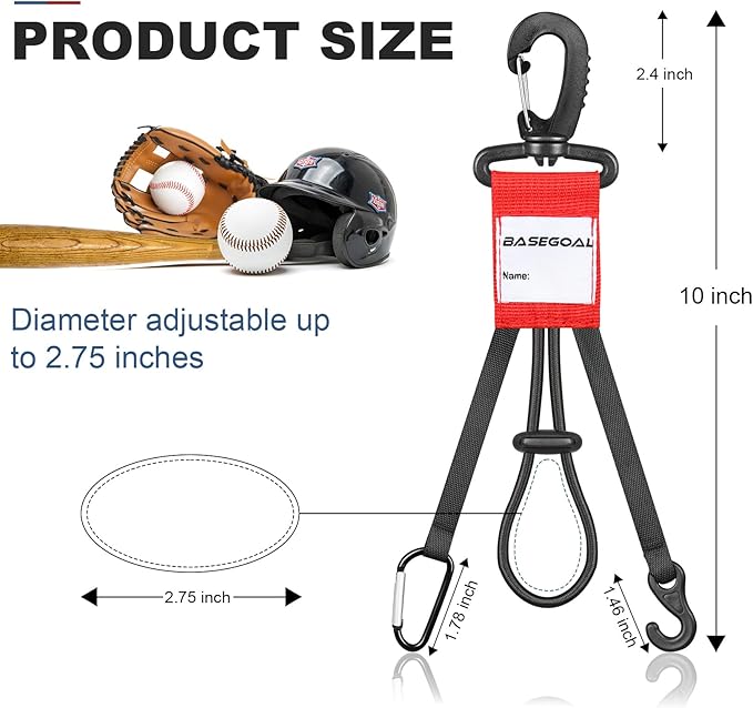 BaseGoal 3 in 1 Dugout Organizer, Baseball Softball Bag Hook for Fence, Bat Holder for Dugout Fence, Baseball Dugout Accessories, Water Bottle Hook for Bag (2 Pack)
