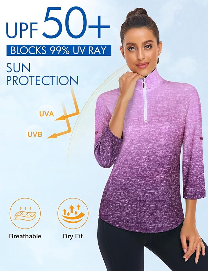 Koscacy Women's 3/4 Roll Sleeve Golf Tennis Polo Shirts UPF50+ Half Zip Dry Fit Workout Tops Athletic Shirt