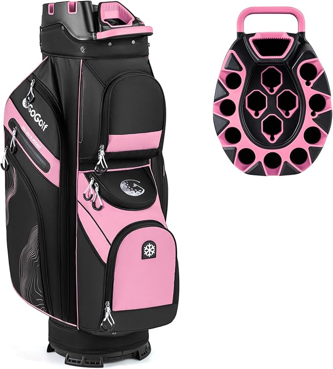 Tangkula Golf Cart Bag with 14-Way Full Length Dividers, 6 Molded Lock Top Golf Club Bag with 11 Pockets, Cooler Bag, Padded Strap, Handles, Umbrella Holder & Rain Hood