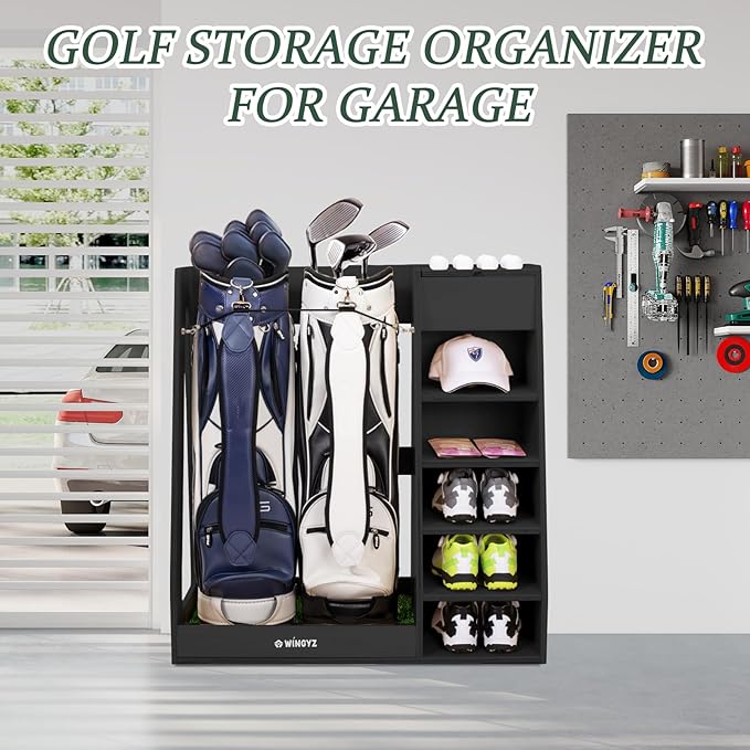 WINGYZ Premium Birch Plywood Golf Bag Storage for 2 Bags | 36lb Rock-Solid Golf Bag Organizer | 7-Shelf Command Center | Artificial Turf 12-Ball Display | No Wall Mounting Required (Black)