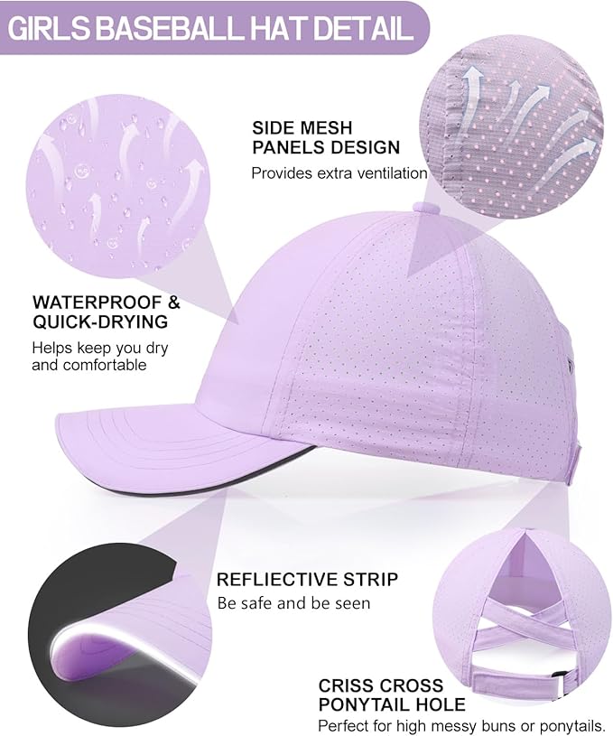 Little Girls Reflective Baseball Cap Criss Cross Ponytail Hat Kids Quick Dry Mesh Summer Sports Hat for Toddler Ages 3-8