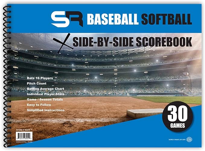 Score It Right Side By Side Baseball/Softball Scorebook – Premium Score Keeping Book – 16 Player - 30 Game Scorebook with Pitch Count, Individual Player Stats, Batting Average Chart - 11.5" x 16"