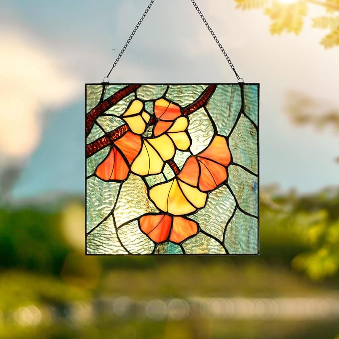 PA0005 Stained Glass Ginkgo Leaf Hanging Panel-10 Wx10 H Window Suncatcher - Image 2