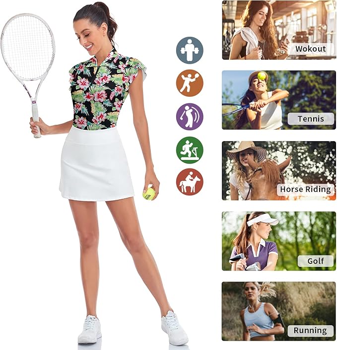 Soneven Womens Petal Sleeve Golf Shirts Moisture Wicking Lady Golf Apparel Print Tennis Sport T Shirt