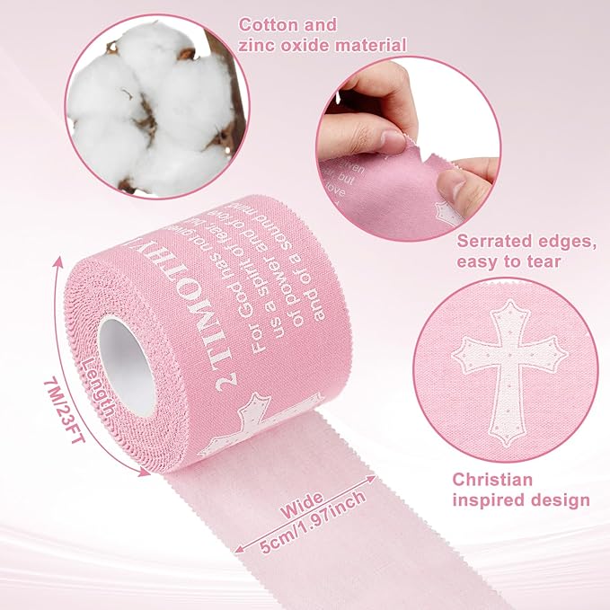 MiniInflat 2 Pcs Christian Cross Athletic Tape Sports Tape 2in x 23ft Religion Jesus Wrist Wrap for Soccer Football Baseball, Gift for Graduation Teacher Nurses Week Pentecost(Pink,2 Timothy 1:7)