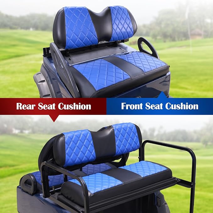 NOKINS 4PCS Golf Cart Diamond Seat Covers Kit,Front and Rear Seat Covers for Club Car Precedent/EZGO TXT/Yamaha Original Regular Seat Cushion (Blue and Black, Club Car Precedent)