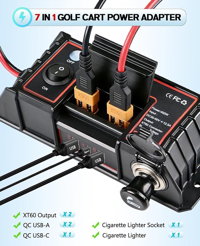 400W Golf Cart USB Charging Port with XT60 Port, 12V 120W Cigarette Lighter & 3 USB Quick Charge 3.0 Power Socket Adapter for 36V/48V EZGO Club Car Yamaha, No Drill Installation Golf Cart Accessories
