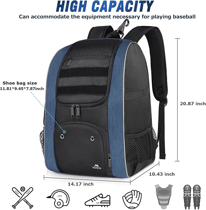 MATEIN Baseball Backpack, Lightweight Softball Bags with Shoes Compartment for Men, Large Capacity Baseball Bag Gifts for Adults with Fence Hook Hold 4 Tee Ball Bats, TBall Gear, Helmet