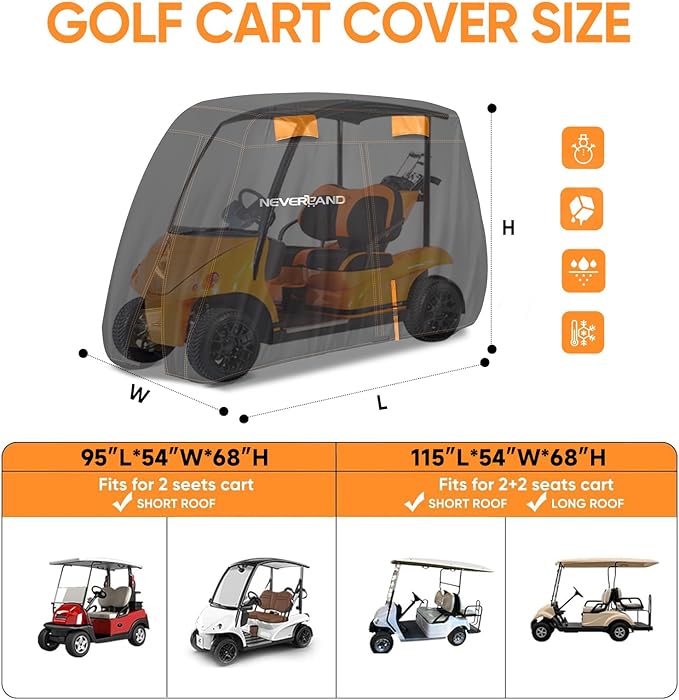 NEVERLAND Golf Cart Cover 2 Passenger, Heavy Duty 420D Golf Cart Covers, Waterproof Club Car Golf Cart Cover with Zipper Doors Compatible with EZGO Yamaha Club Car 2 Seat (Up to 95 Inch)