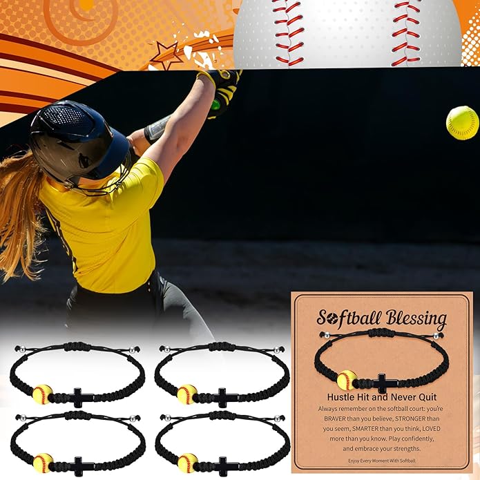 Tondiamo 12 Set Christian Cross Balls Bracelets Gifts Adjustable Baseball Volleyball Softball Woven Jewelry Charm Bracelets with Inspirational Cards for Team Gifts Sports Lover