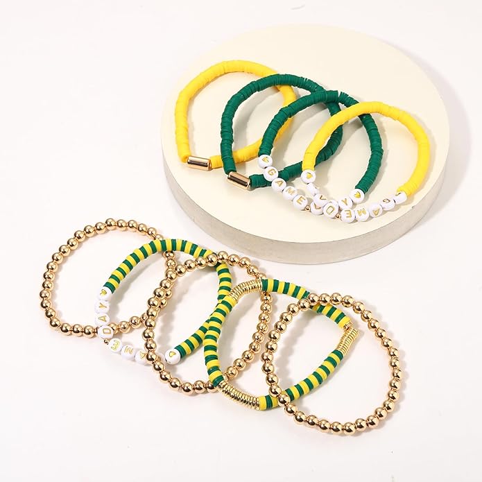NLCAC 9 Pack Game Day Bracelets Stackable Heishi Beaded Stretchy Bracelet Preppy Jewelry Baseball Football Team Bracelets Sports Fan Accessories Gifts