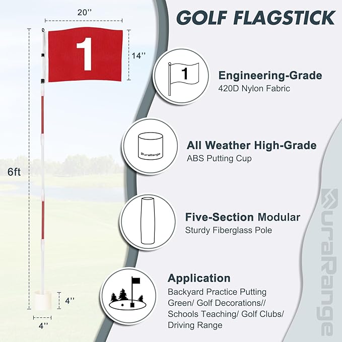 DURARANGE Golf Flagstick 6ft, 5-Section Design, ABS Hole Cup, 420D Nylon Flag for Backyard Practice Putting Green | Driving Range | Country Club, Gift for Golf Lovers