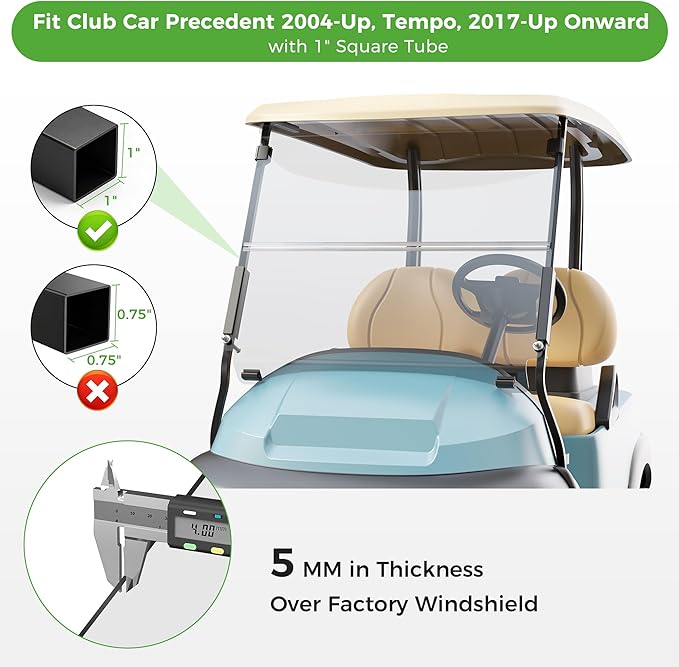 10L0L Golf Cart Windshield for Club Car Precedent 2004-Up, Tempo, 2017-Up Onward, One-Piece Hinge Design, Clear/Tinted Anti-UV Impact Resistant,HD View, 37.5" W X 33.6" H